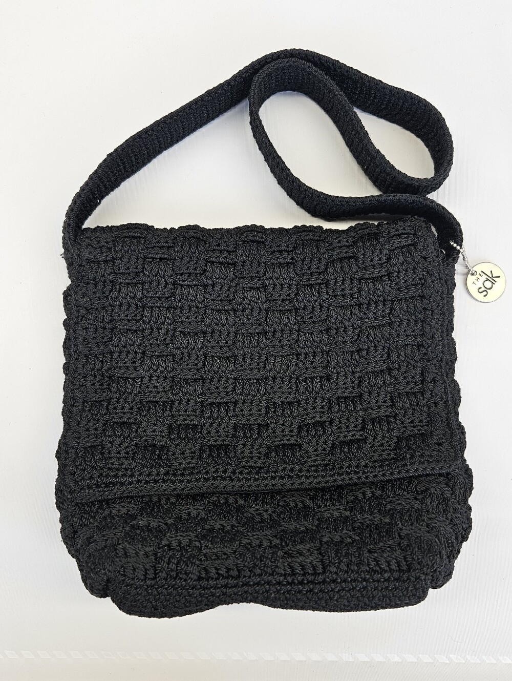 Sak Black Crochet Purse Shoulder Strap Flap Basket Weave Thick Pockets Capsule